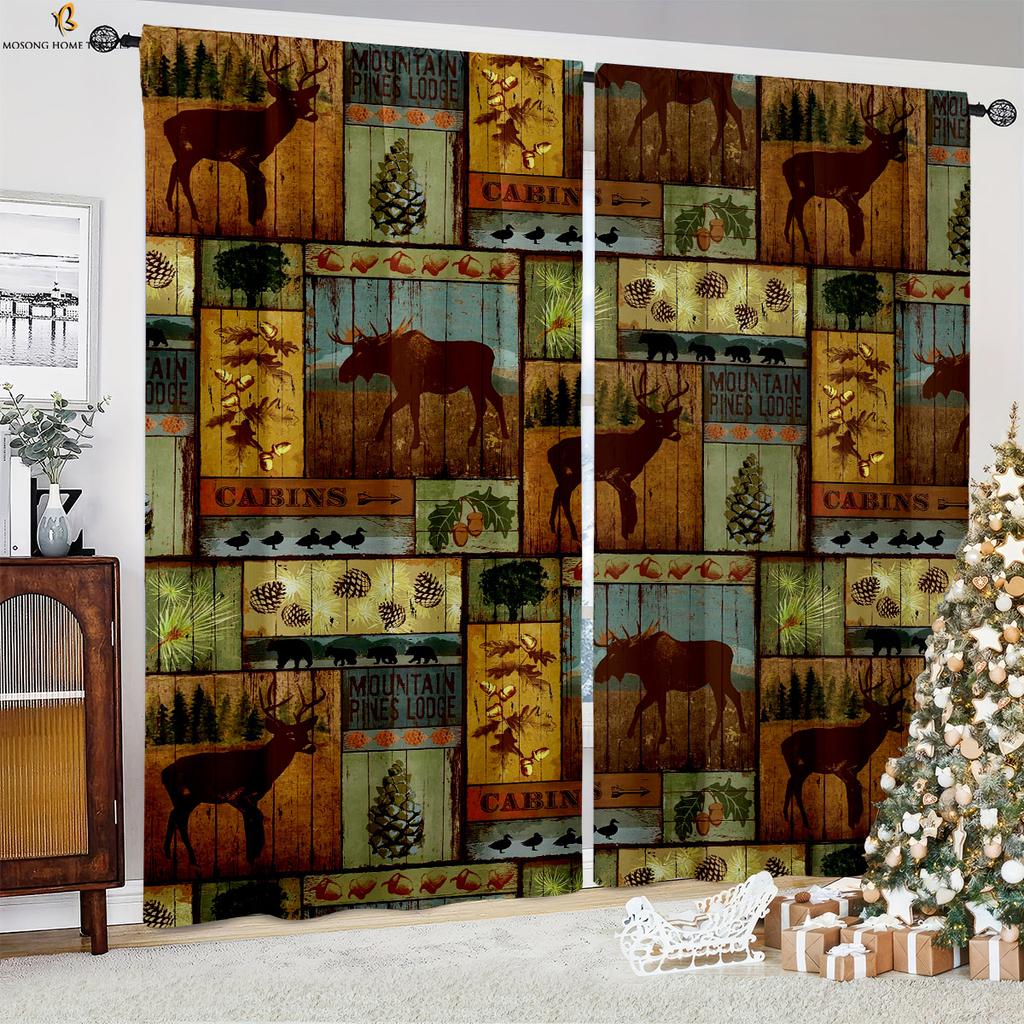 Декоративные занавески в стиле ретро-кантри на Рождество с узором из дерева для спальни, столовой, праздничной вечеринки, 2 шт.