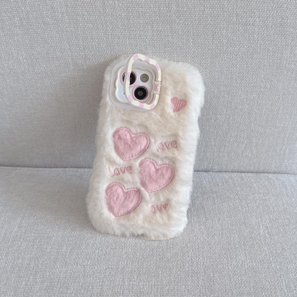 Чехол для телефона Girly Heart Embroidery Love Bracket Lens Frame для iPhone 16 Pro Max, милые осенне-зимние пушистые аксессуары для телефона