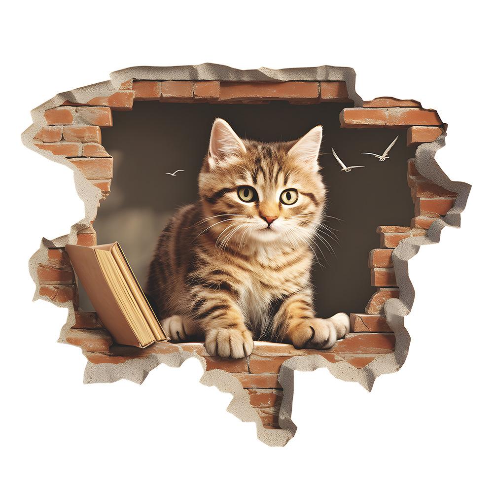 Cartoon Fun Broken Wall Cat Bedroom Living Room Porch Background Beautifying Wall Stickers Self-adhesive