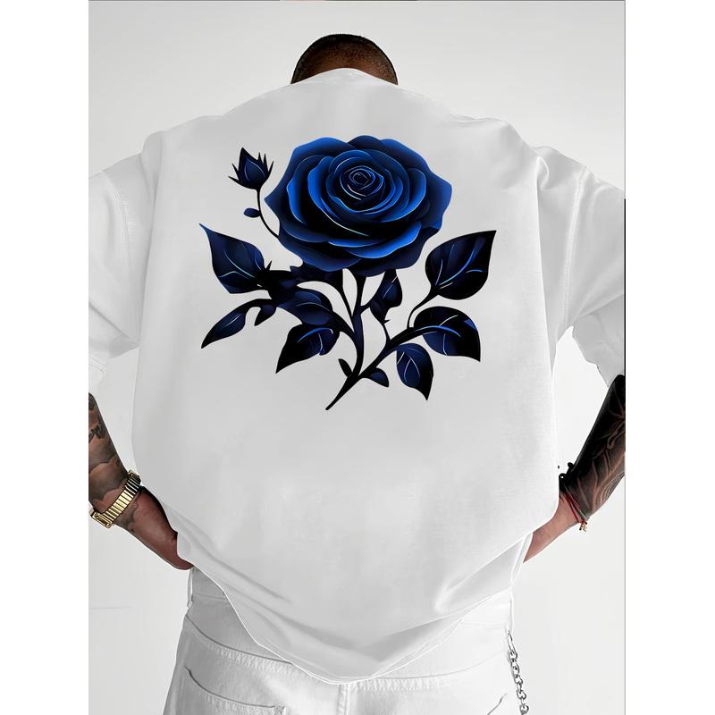 Men'S Blue Rose Print Short-Sleeve T-Shirt - Casual Round Neck Regular Fit Suitable For Daily Streetwear, Machine Washable Year-Round Comfortable