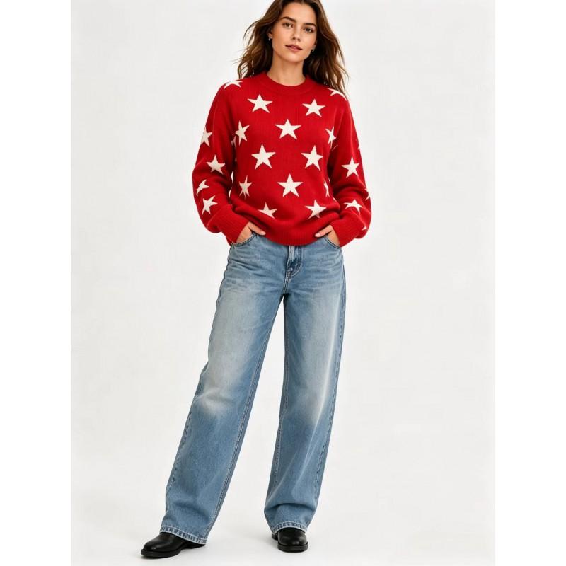 Womens Oversized Knit Sweater With Star Jacquard Round Neck Loose Fit Warm Winter Pullover