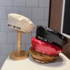 Beret Women's Spring Autumn New Embroidered Letter PU Leather Flat Top Japanese and Korean Street Shooting Fashion Bud Hat