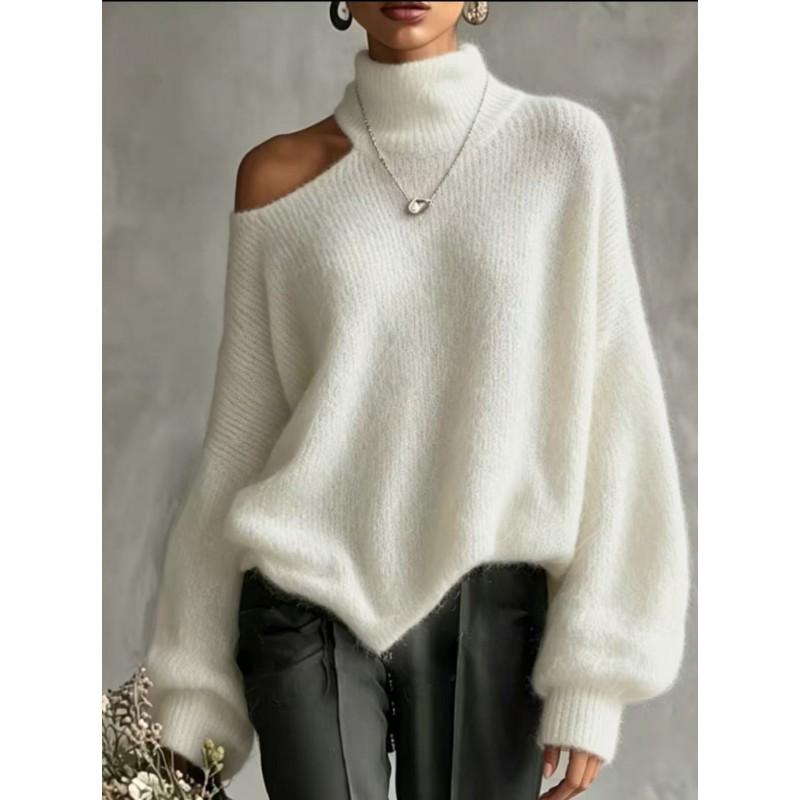 Womens Oversized Turtleneck Knit Sweater Loose Fit Shoulder-Exposing Pullover Winter 2026