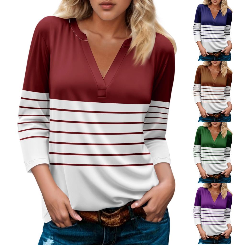 Женская модная и повседневная футболка с V-образным вырезом и рукавом 3/4, базовый топ с V-образным вырезом, обычный топ