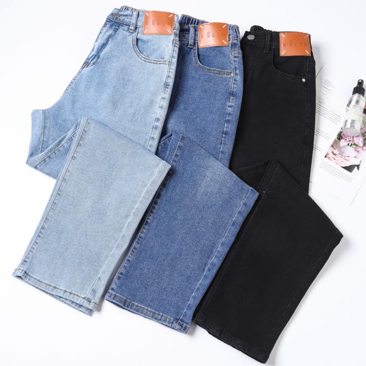Dimanaf 2025 Women Spring Plus Size Elastic Jeans Pants Female Buttons Straight Basic High Waist Trousers Blue Long Pants
