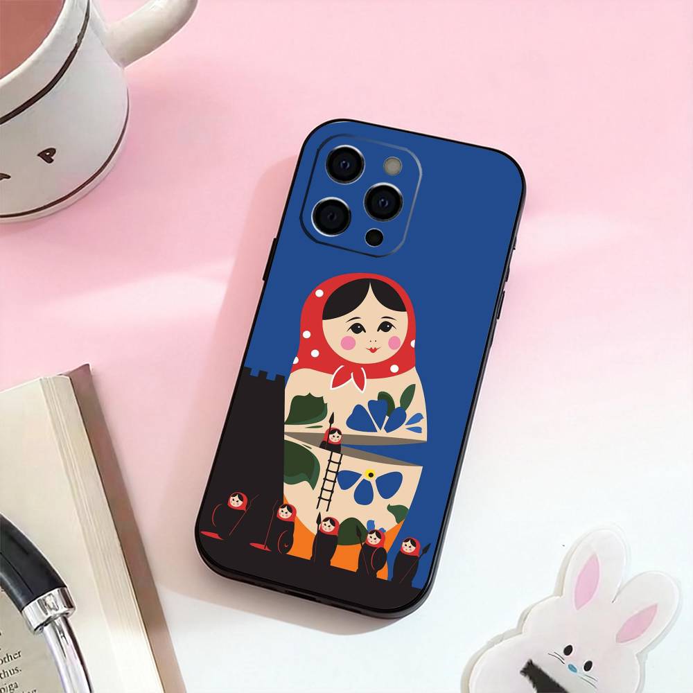 Russian Dolls Matryoshka Phone Case For iPhone 17,16,15,14,13,12,11 Plus,Pro Max,Soft Silicone Black Cover