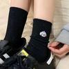 Women's Cute Japanese-Style Cartoon Embroidery Slub Yarn Mid-Calf Socks - Pure Cotton, Solid Color, Spring/Autumn