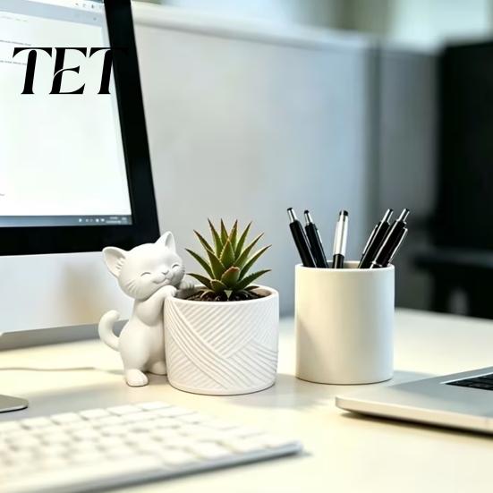 3D Printed Cat Planter for Bookshelf Planter, Cute Kitty Flower Pot, Decorative Modern Vase Plant Pot Succulents Cacti, Home Office Desk Decor