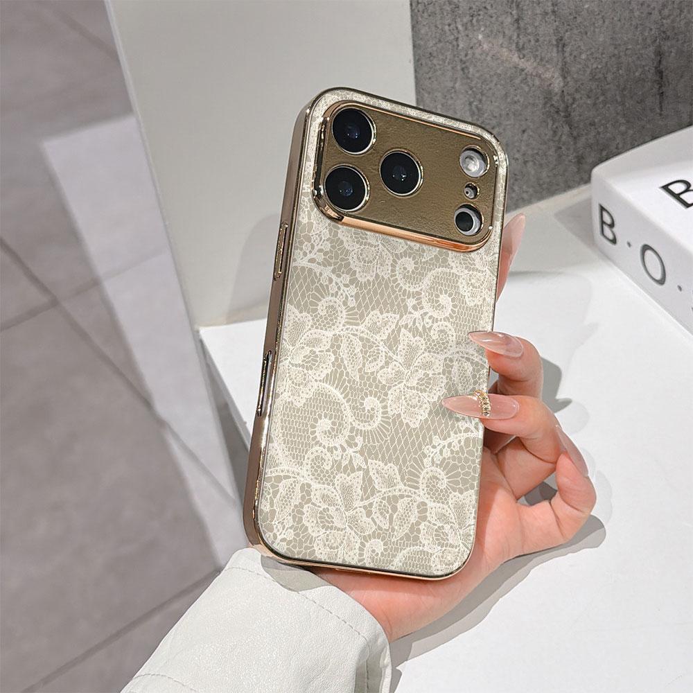 Чехол для телефона 'Счастливый старт' для iPhone 17 16 15 14 13 12 11 Pro Max 16E Золотой гальванизированный стеклянный корпус Чехол 'Кружево цвета слоновой кости'
