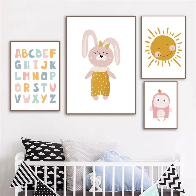 Colorful Alphabet Rainbow Sun Rabbit  Wall Art Canvas Painting Nordic Posters And Prints Wall Pictures For Baby Kids Room Decor No Frame