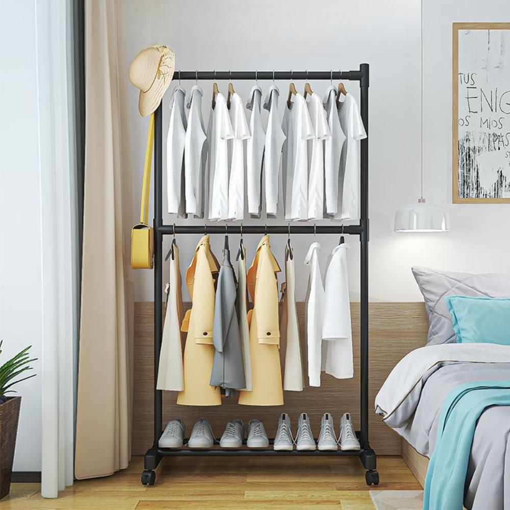 Double-pole Coat Rack Floor Standing for Movable Clothes Rack Modern Minimalist Clothes Rack Bedroom Light Luxury Storage Shelf