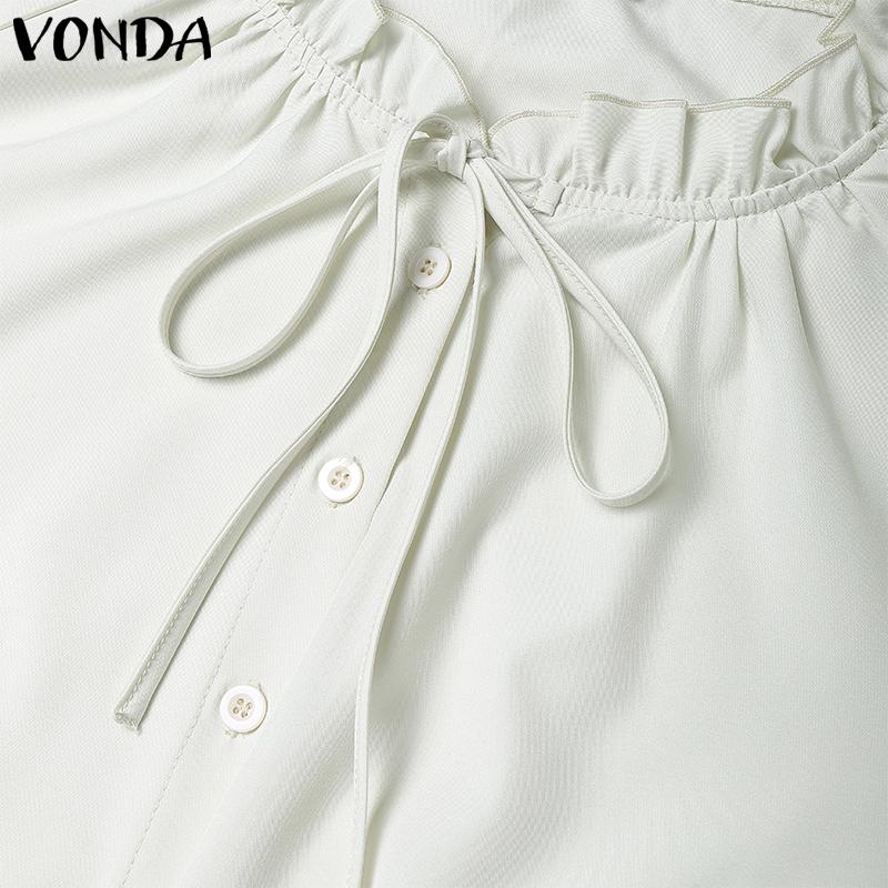 VONDA Женские повседневные блузки-рубашки с воротником-стойкой, однотонные, с длинным рукавом, с кулиской на талии