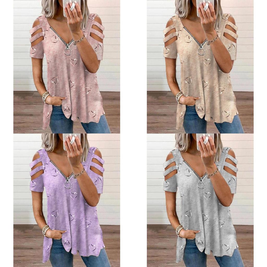 Short Sleeve T Shirt With Zipper Print Cotton Blend For Casual Streetwear