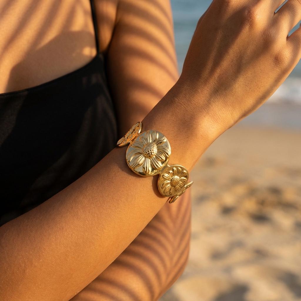 Vintage Sunflower Stainless Steel Bangle For Women Textured Floral Style Waterproof Metal Bracelet