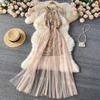 Sexy Sequin Patchwork Mesh Halter Dress Chic Elegant Evening Party Luxury Robe Women High Waist Slim Ceremonial  Dress
