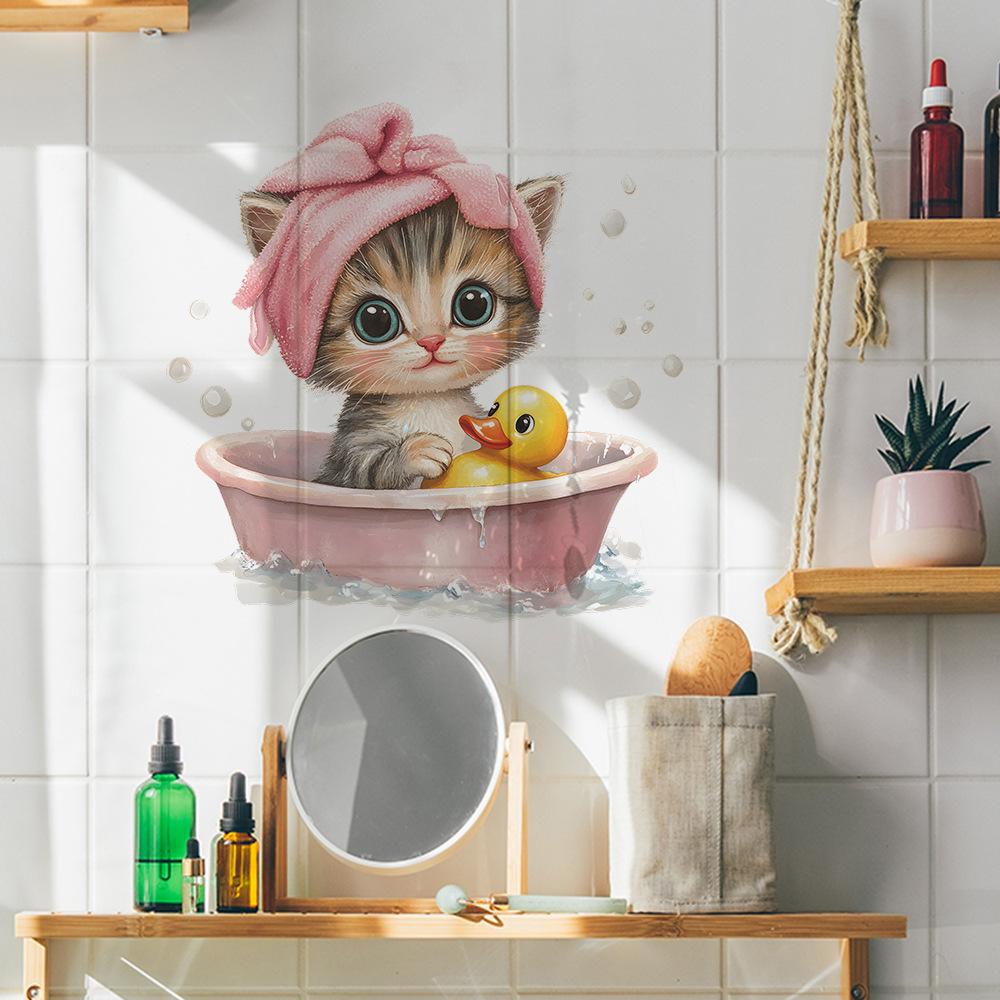 Мультяшный котенок, время купания, наклейка на стену для ванной комнаты, душевой кабины, водостойкая, съемная, декор для дома
