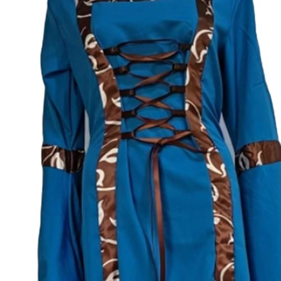 Women Dress Medieval Royal Style Lace-up Hooded Bat Sleeve Maxi Dress Waist-Cinching Square Collar Stage Performance Renaissance Cosplay Costume