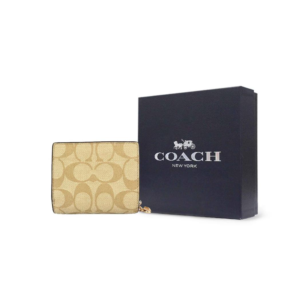 Coach Кошелек на кнопке 11 С застежкой-кнопкой Три слота для карт Фирменный покрытый холст и гладкая кожа Держатель для карт Кошелек Женский кошелек C3309-IMNLJ