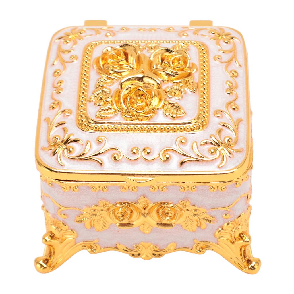 European Style Vintage Metal Jewelry Box Square Decorative Trinket Jewelry Storage Box for Earrings Necklaces White