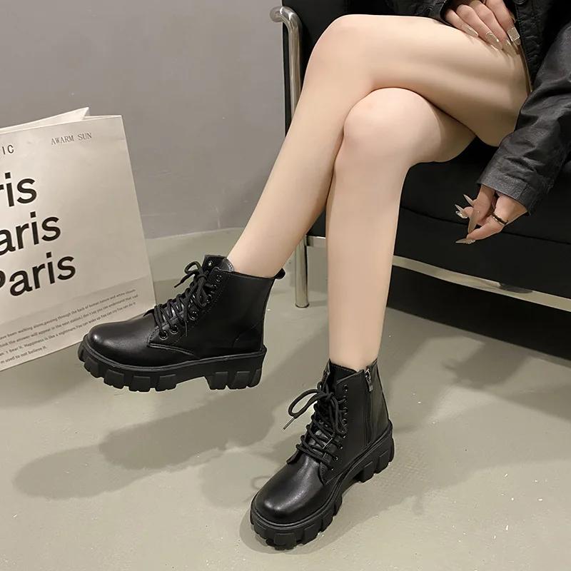 Мода 2024 Зима Корейский Комфорт Мотоциклетные Ботинки До Середины Икры Женская Обувь Платформа Шнуровка Боковая Молния Женские Ботинки Нескользящие Теплые Ботинки Для Снегохода