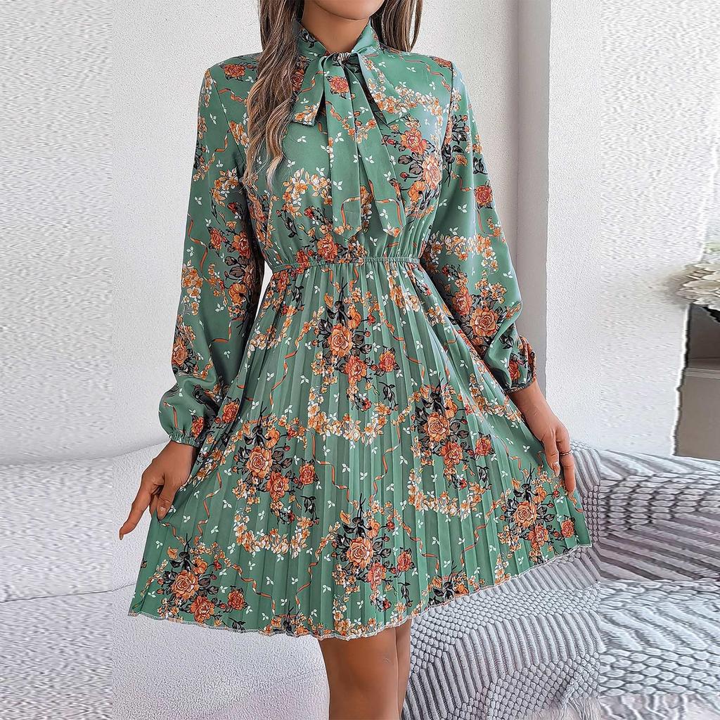 Women's Casual Elegant Flower Print Long Sleeve Tie Waist Long Sleeve Pleated Skirt Dress
