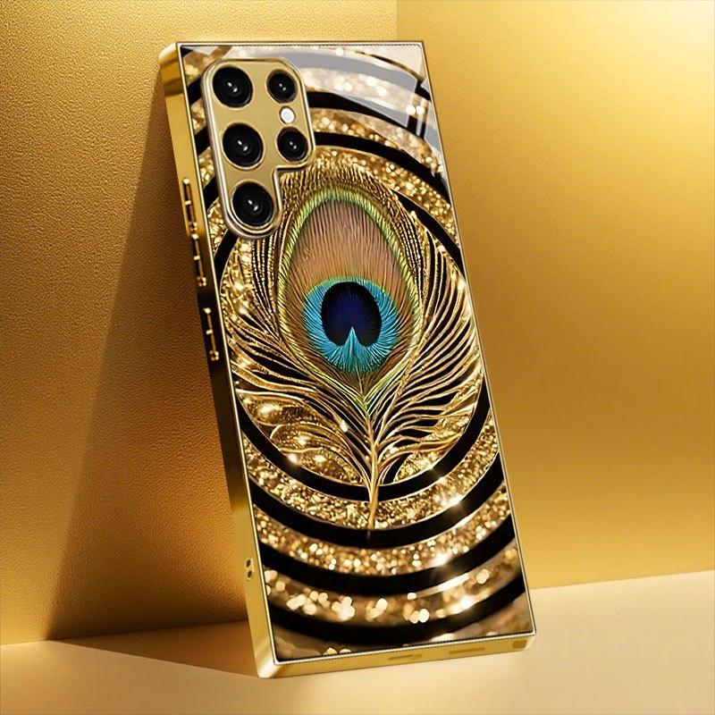 Позорированная закаленная стеклянная чехол для телефона совместимый Galaxy S26 S25 S24 S23 S22 Ultra Plus. Имеет дизайн с золотым и синим пером