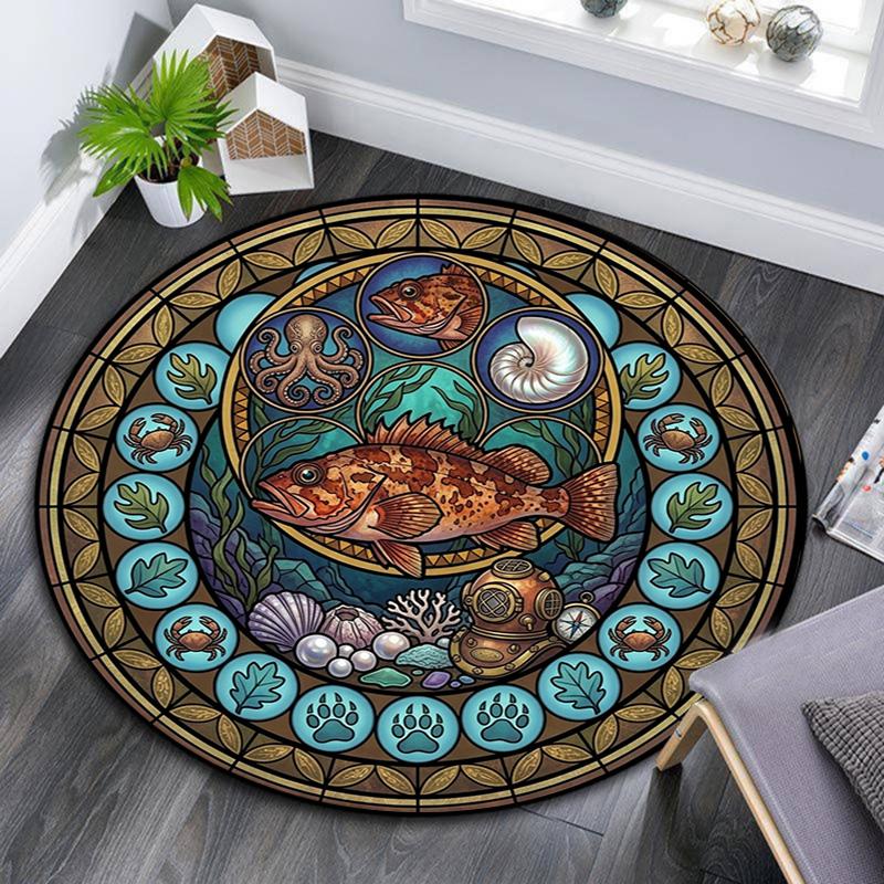Ocean Life Glass Round Area Rug Under Office Chairs Bedroom Living Room Home Decor