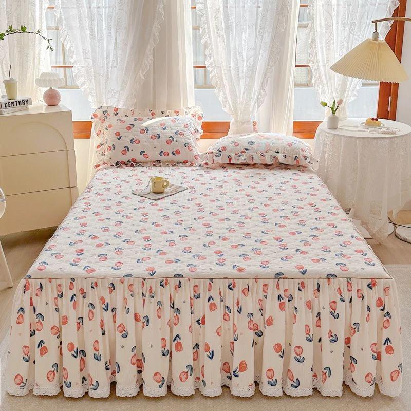 Небольшое цветочное покрывало в пасторальном стиле, белое кружевное хлопковое покрывало на кровать, комплект из трех предметов, домашний толстый стеганый противоскользящий чехол на кровать