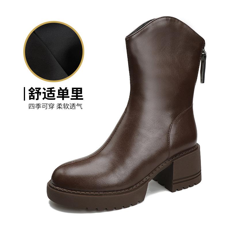 Женские ботильоны 2024 новые ранней осенью из мягкой кожи ботинки Мартин задняя молния на толстой подошве полусапоги британские кожаные ботинки