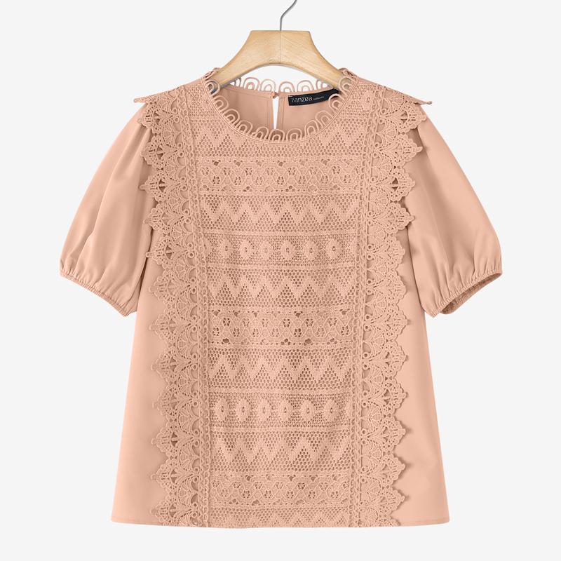 ZANZEA Женская повседневная блузка с круглым вырезом, коротким рукавом, свободного кроя, с лоскутным узором, связанным крючком