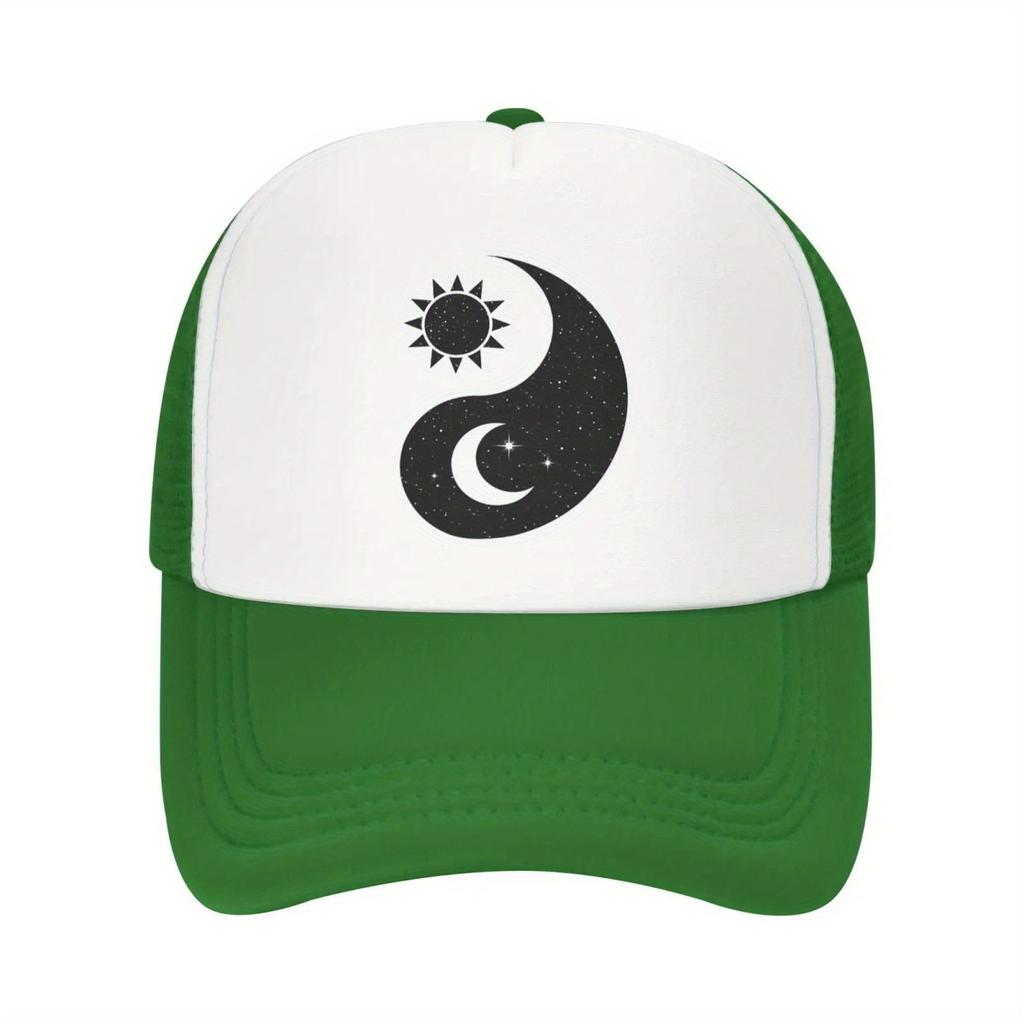 Yin Yang Sun Moon Graphic Trucker Hat Green White Adjustable Unisex Baseball Cap Casual Outdoor