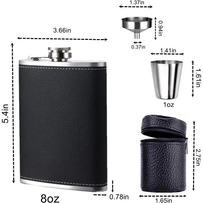 Карманная фляжка 8 унций для спиртного, фляжка для виски из нержавеющей стали 304 с кожаным покрытием, со стопками и воронкой, подарок для мужчин и женщин