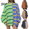 Свободная спортивная кофта Осень Весна Женская Толстовка Colorblock Полосатый Принт Круглый Вырез Контрастные Цвета Пуловер Вязаный Средней Длины Повседневная