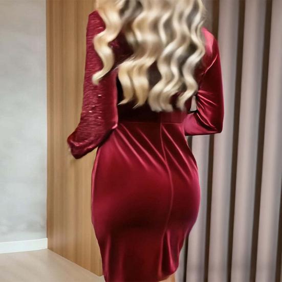 Женское бархатное мини-платье с запахом и пайетками, с длинным рукавом, V-образным вырезом, драпировкой, облегающее фигуру, блестящее, для вечеринки, коктейля, клуба