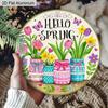 2D Flat Aluminum Hello Spring Door Sign for Front Door, Round Hanging Plaque with Mason Jar & Tulip Flower Design, Rustic Farmhouse Porch Wall Decor