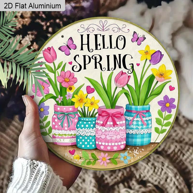 2D Flat Aluminum Hello Spring Door Sign for Front Door, Round Hanging Plaque with Mason Jar & Tulip Flower Design, Rustic Farmhouse Porch Wall Decor