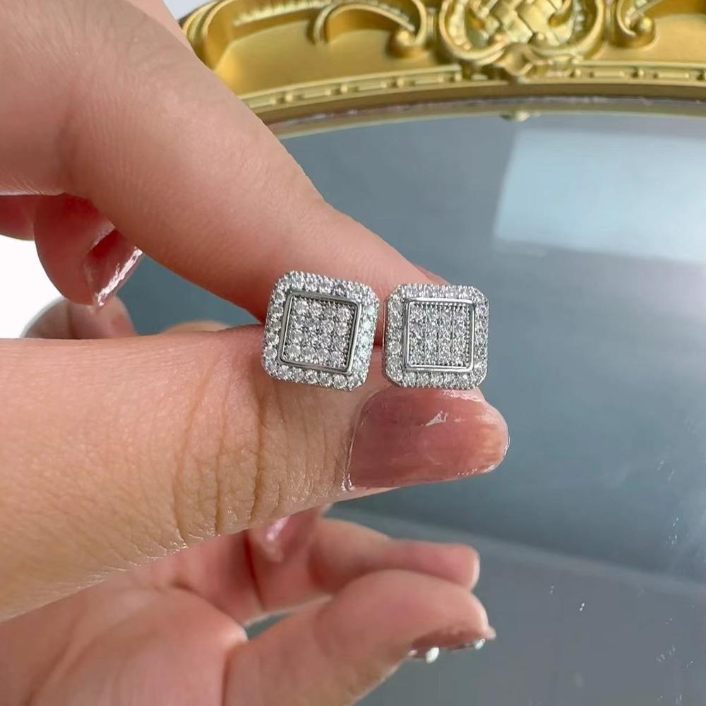 Square Double Layer Iced Out Moissanite Stud Earrings Copper Hip Hop Jewelry For Men Women