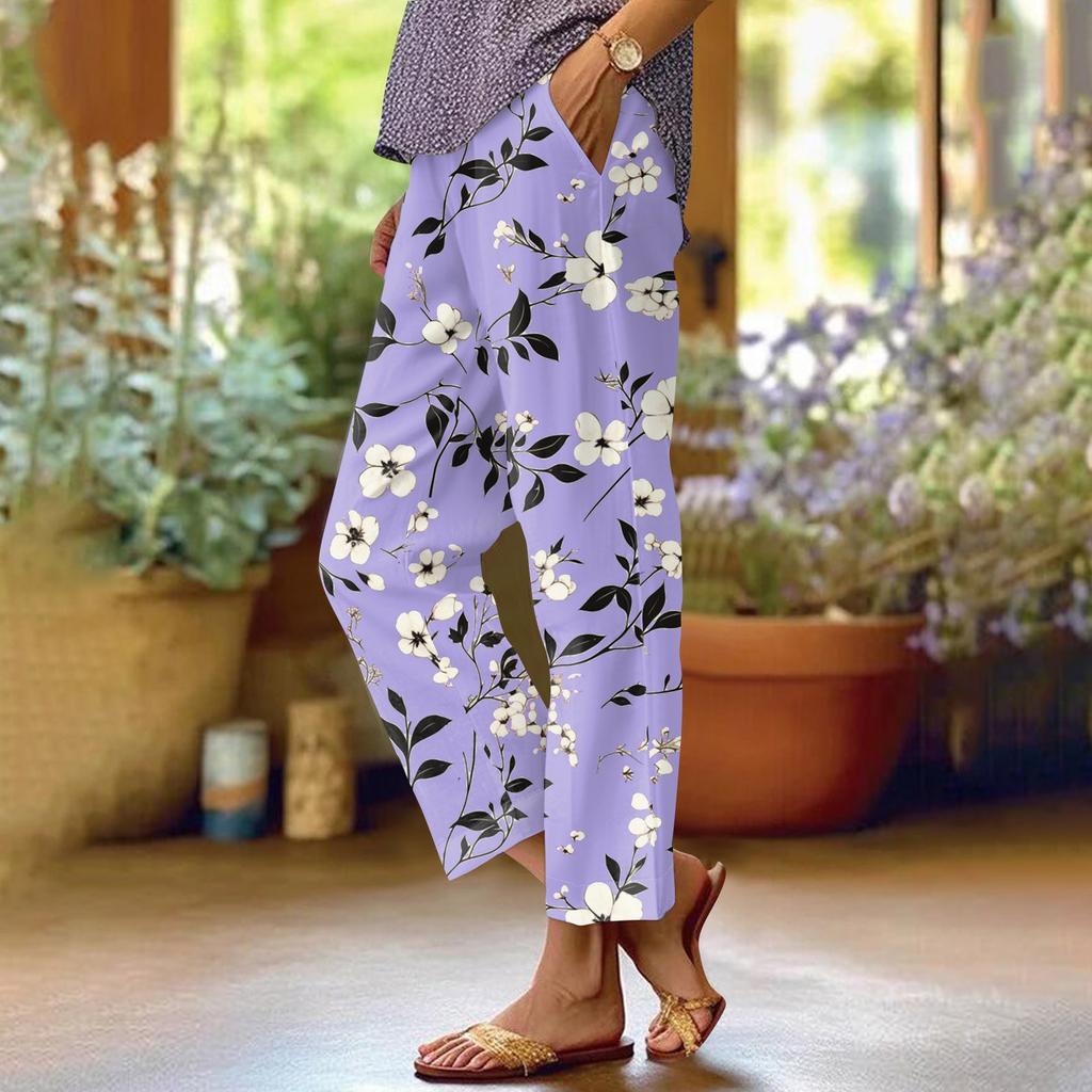 Women's Fashionable Floral Print Straight Leg Pocket Elastic Waist Casual Pants Pants