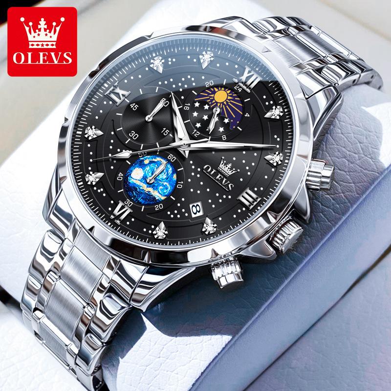 Men's Quartz Multifunctional Chronograph Watch Stainless Steel Waterproof Luminous Diamond Studded Starry Sky Watch