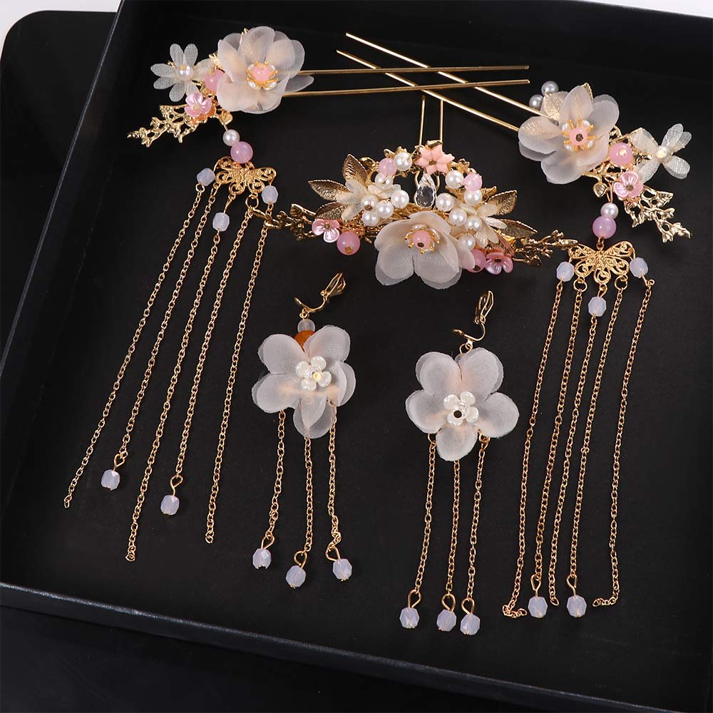 Women Girls Handmade Long Tassel Fashion Chinese Earrings Hair Comb Headwear Sets Hanfu Hair Stick