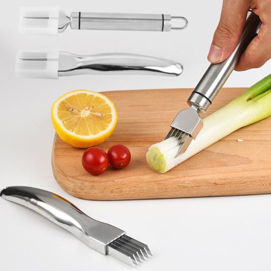 Луковица-резак из нержавеющей стали с несколькими лезвиями и защитным чехлом, эргономичная ручка. Эффективный кухонный инструмент для домашнего приготовления пищи.