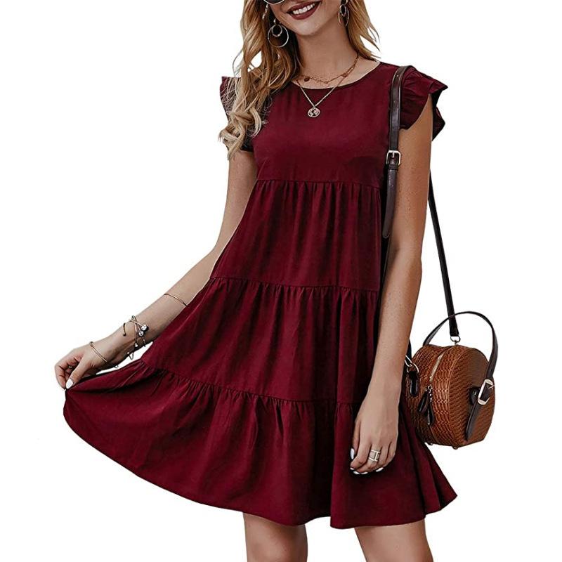 Women's Summer New Solid Round Neck Short Sleeve Casual Cake Dress Pleated Swing Dress