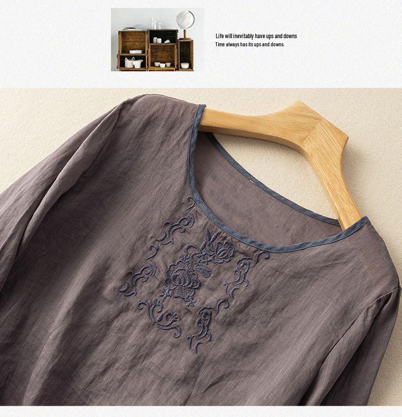 Летняя ретро вышитая хлопково-льняная цветная блузка-пуловер в китайском стиле 2024