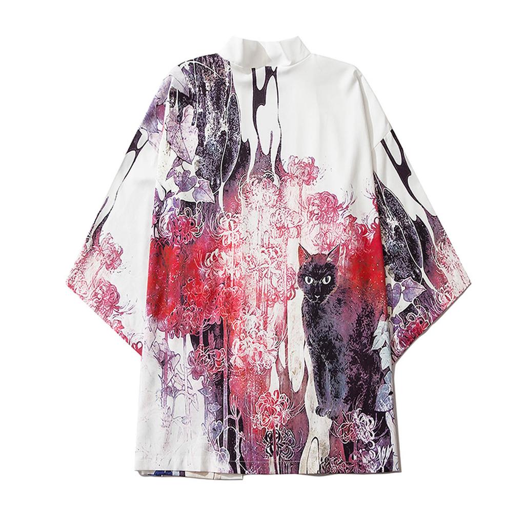 Men's Casual Loose Open Front 3/4 Sleeve Japanese Style Print Cover Up Cardigan