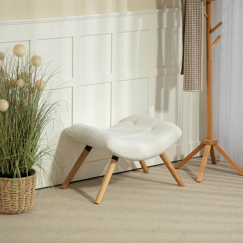 Modern Footstool with Fleece Cover and Wooden Legs, Padded, for Living Room, Bedroom, Hallway, Cream White
