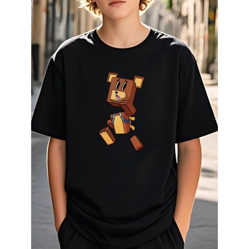 Boys Crewneck Short Sleeve T-Shirt, Cartoon Block Bear Print