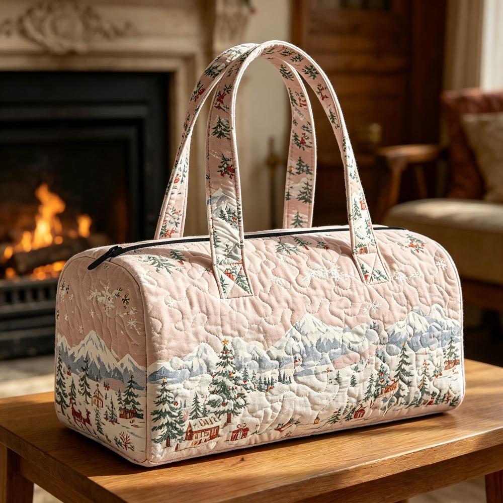 Quilted travel handbag Winter wonderland print weekend bag Bohemian leisure travel fitness bag soft pink background festive snow village graphic