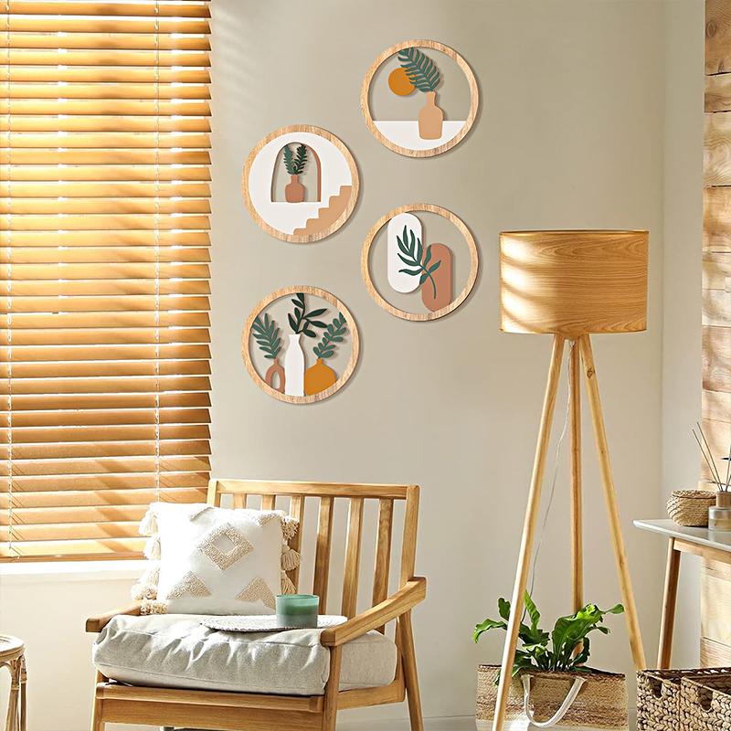 4pcs/Set Wood Homestay Crafts Decorative Hollow Pattern Wall Hanging Circular Design Pendants Home Decoration