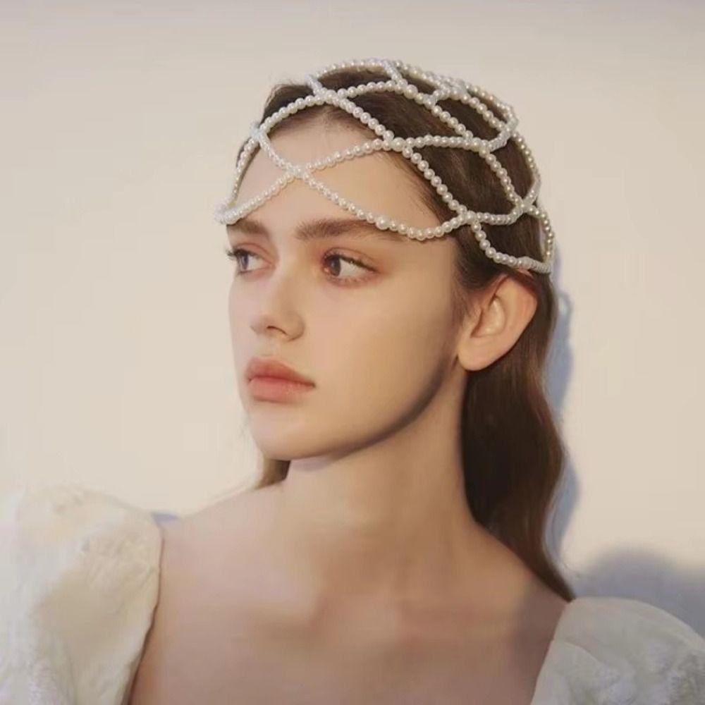 Pearls Weave Pearl Hat Chain Hand-Made Bridal Head Ornament Mesh Hair Accessories  Bridal Party