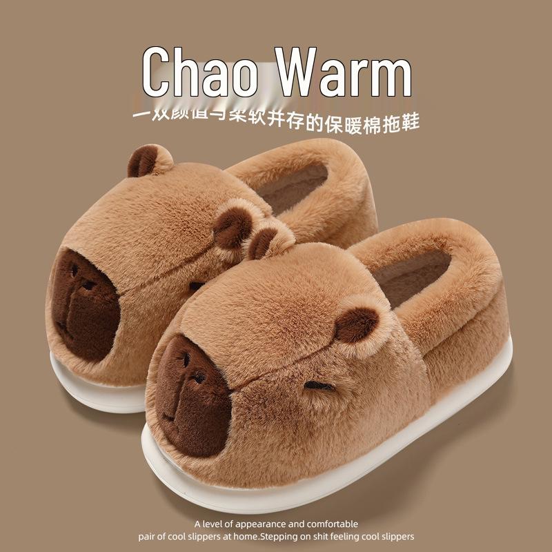 Capybara Women's Winter Cotton Slippers - Cute Cartoon Fluffy Heel, Parent-Child Warm Shoes for Kids & Men.